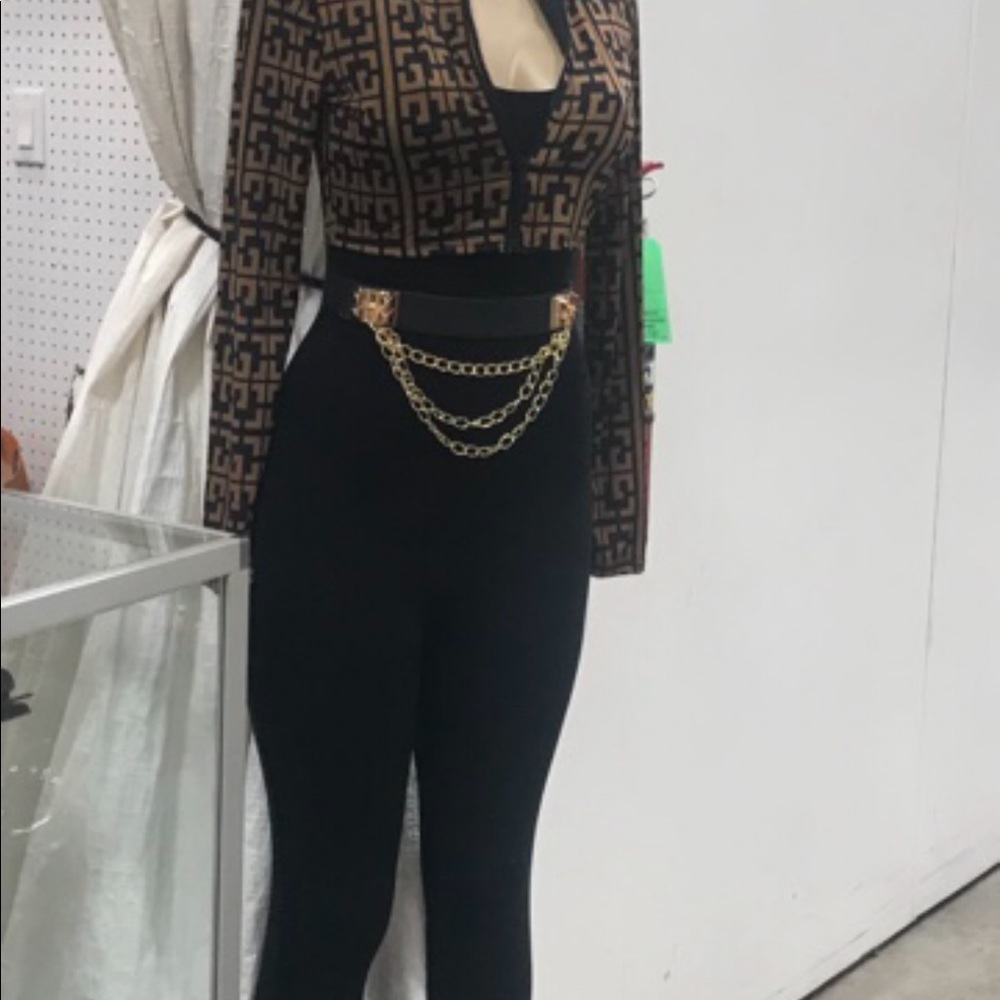 Front zipper Geometric print crop jacket Black and Brown 3pc